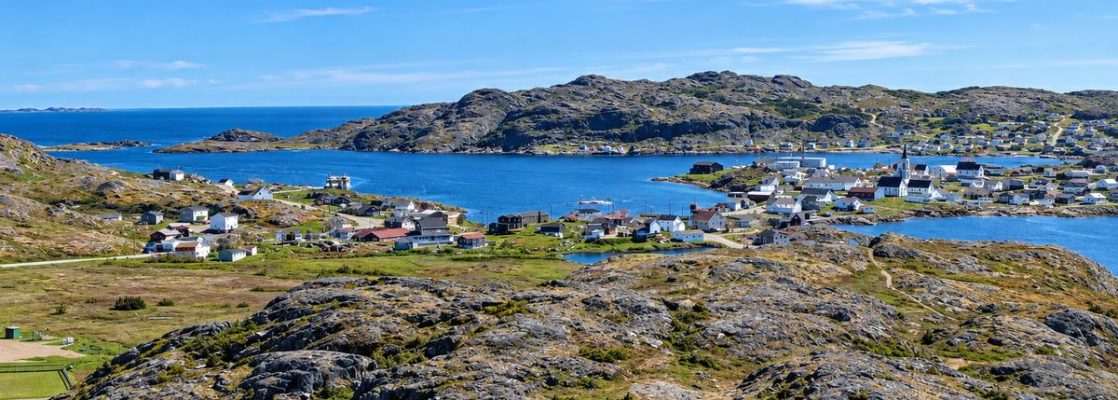 Panoramic view of Fogo village and harbor from Brimstone Head on Fogo Island, Newfoundland.