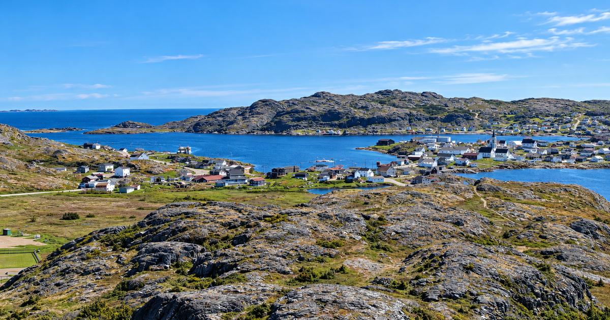 Panoramic view of Fogo village and harbor from Brimstone Head on Fogo Island, Newfoundland.